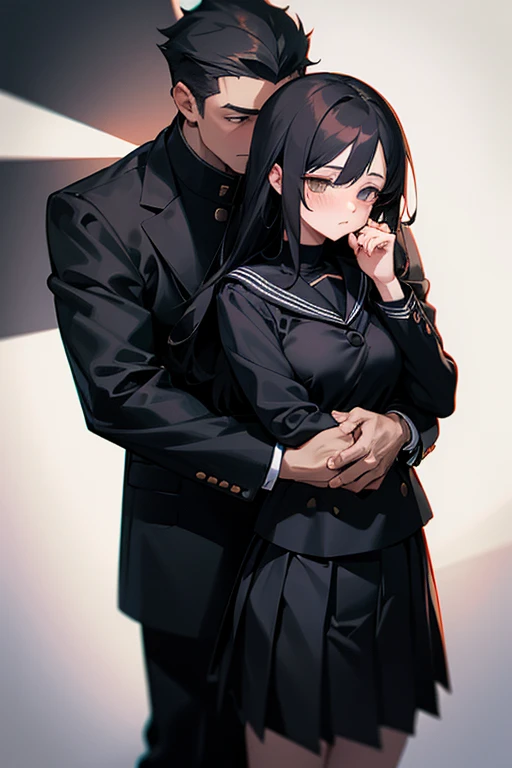 (1 girl), (1 boy), dark hair, man hugging woman, (man in black gakuran and black slacks), (woman in black sailor suit and black pleated skirt), cool guy, cute girl, hug from behind, man hugging woman from behind, movie effect, romantic, looking away Female in black sailor dress and black pleated skirt, cool guy, cute girl, hugging from behind, man hugging woman from behind, film effect, romantic, looking away, exact pose, exact anatomy, high quality, high resolution, masterpiece.