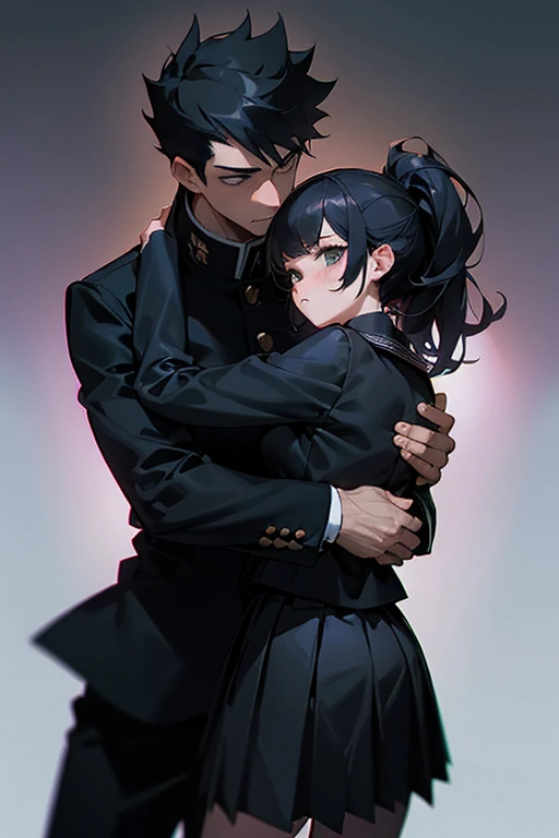 (1 girl), (1 boy), dark hair, man hugging woman, (man in black gakuran and black slacks), (woman in black sailor suit and black pleated skirt), cool guy, cute girl, hug from behind, man hugging woman from behind, movie effect, romantic, looking away Female in black sailor dress and black pleated skirt, cool guy, cute girl, hugging from behind, man hugging woman from behind, film effect, romantic, looking away, exact pose, exact anatomy, high quality, high resolution, masterpiece.