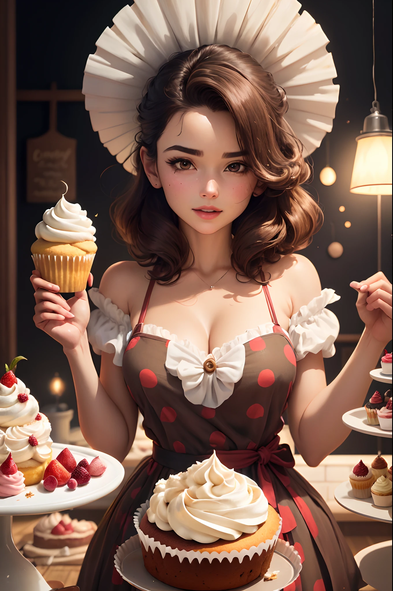 Mulher chantillyStyle, corpo de chantilly, torta, cereja, molhado