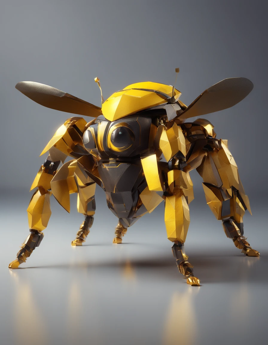 Bumblebee made of paper origomi, hammered metal atyle, cinematic light, golden particles, shallow depth of field, dark theme