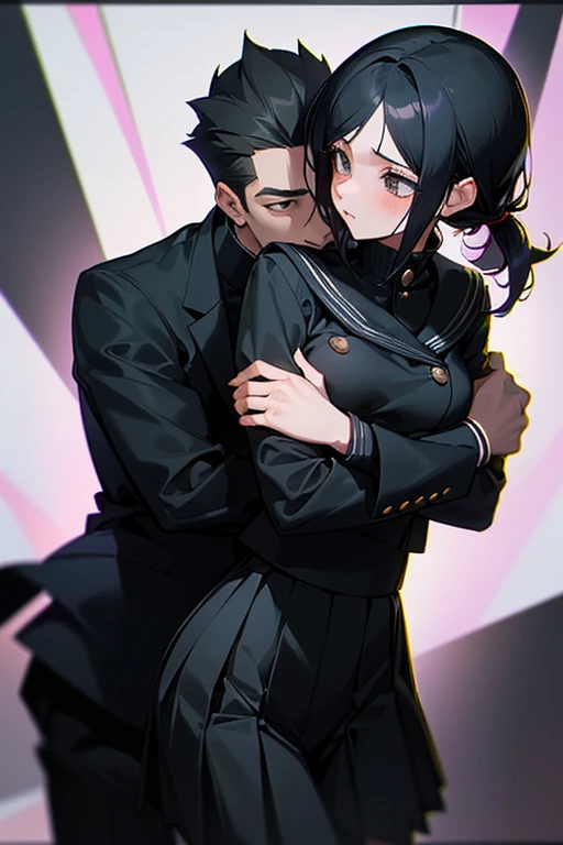 (1 girl), (1 boy), black hair, man hugging woman, (man in black gakuran and black slacks), (woman in black sailor suit and black pleated skirt), cool guy, cute girl, hug from behind, man hugging woman from behind, movie effect, romantic, exact pose exact human anatomy, high quality, high resolution, masterpiece.