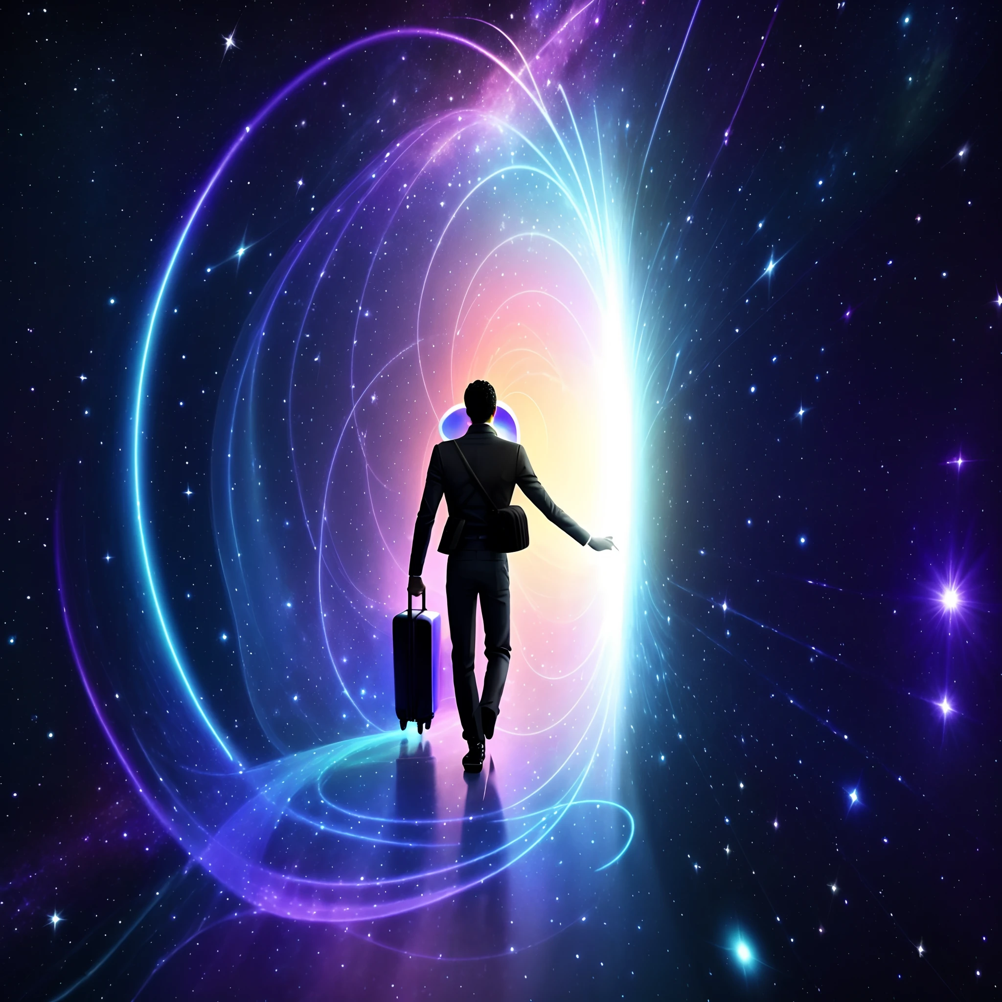 There's a man walking through a galaxy with a suitcase, Viagem Astral, Entering a Quantum Wormhole, open portal to another dimension, no plano astral ) ) ), viajando para um buraco negro, Viagem no tempo, liminal space in outer space!!!, Abrindo um portal brilhante, Wormholes, spirits coming out of portal, teletransporte, astral projection, viajantes do tempo