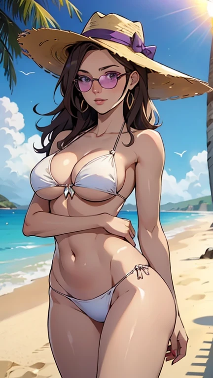 beautiful woman, cana, cabello corto y ondulado, purple eyes, Pechos promedio, cuerpo voluptuoso, bikini blanco, Empapado, Sombrero para el sol disquete, Gafas de sol, Cuerpo detallado, (Playa, rayo de sol, luz del sol)