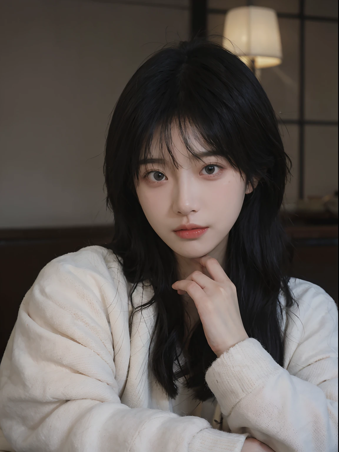 best qualtiy, 超高分辨率, (realisticlying:1.4), A woman with long black hair and a gray sweater, 中景 the scene is, She has black hair,By bangs, young lovely Korean faces, wan adorable korean face, ulzzangs, Shin Jinying, beautiful aesthetic face, Korean face features, Played by Liu Lee Ji Eun ,Beautiful realistic face