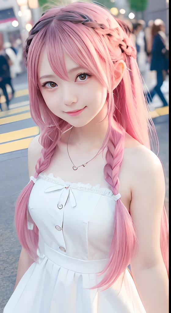 high-level image quality、anime girl with long hair and white dress posing for a picture、Shibuya Crossing、up close shot、(A smile:1.5)、sayori, Anime visuals of cute girls, anime moe art style, in dress, Anime girl in white dress, pretty anime girl, (Anime Girl), Cute anime girl, Cute anime waifu in a nice dress, charming anime girls, Beautiful anime girl, Rin, Smooth Anime CG Art、(Pink hair), Ear Hair, small tits, Single braid, (Single braid), (Side braid)