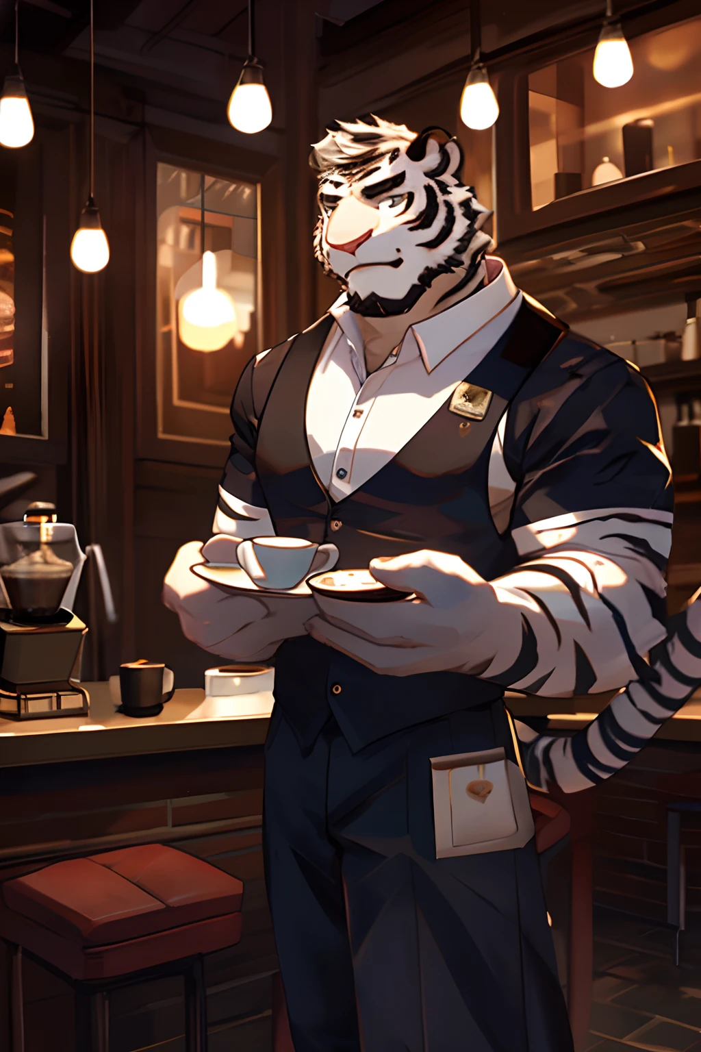 Anthropomorphic White Tiger, Body Fit, Black Strips, Short Hair, Soft Eyes, Waiter Uniform, Smiling, Heart Warming, Cool Pose, Handsome, Good looking, Looking To Front, Coffee, Cafe Background