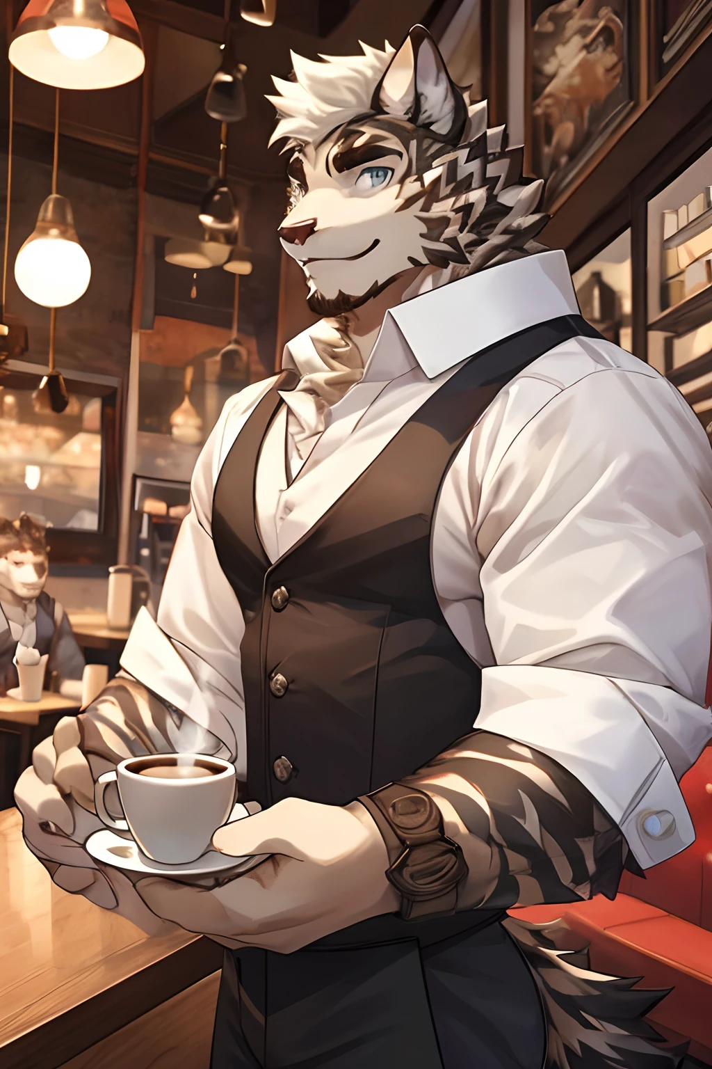 Mountain Arknight, Body Fit, Black Strips, Short Hair, Perfect Eyes, Waiter Uniform, Smiling, Heart Warming, Cool Pose, Handsome, Good looking, Looking To Front, Coffee, Cafe Background