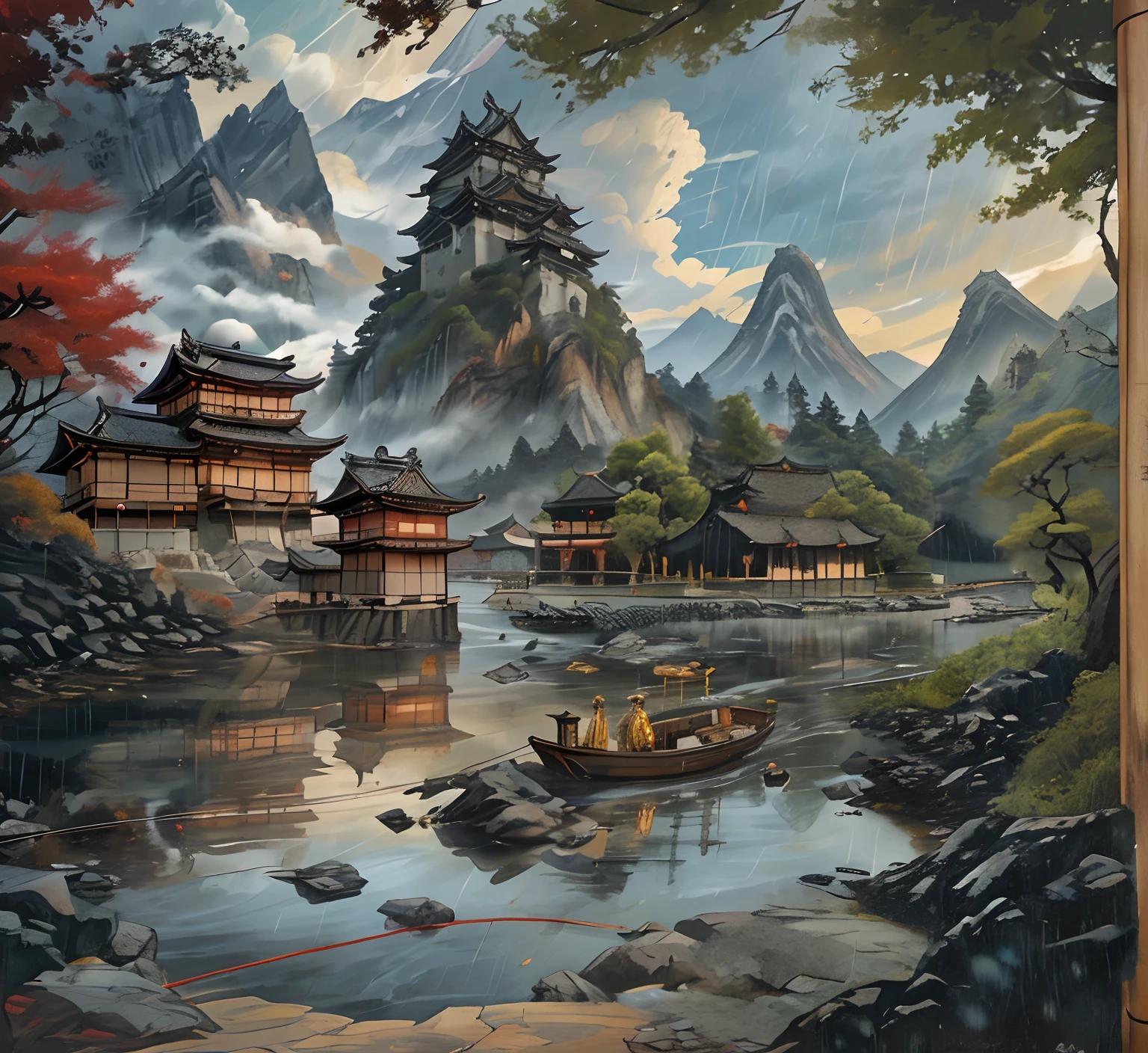 a painting of a mountain scene, Ancient Japanese fishing village at the foot of the mountain, fishing nets, Mountain river in dark gloomy forest, rain, ( large inn: wooden, on the rock, crowded ,temple-like structure), stairs in mountains, (background: majestic castle seen from below, ancient japan castle,enchanting,majestic),(clouds),(river), heroic tale to be told,ancient lore,epic journey, (lot of griffin flags: huge, gold lion with wing on red silk