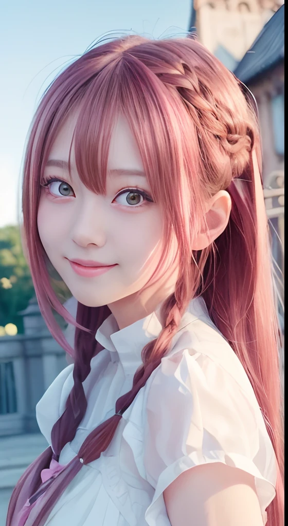 high-level image quality、anime girl with long hair and white dress posing for a picture、european castles、up close shot、(A smile:1.5)、sayori, Anime visuals of cute girls, anime moe art style, loli in dress, Anime girl in white dress, pretty anime girl, (Anime Girl), Cute anime girl, Cute anime waifu in a nice dress, charming anime girls, Beautiful anime girl, Rin, Smooth Anime CG Art、(Pink hair), Ear Hair, small tits, Single braid, (Single braid), (Side braid)