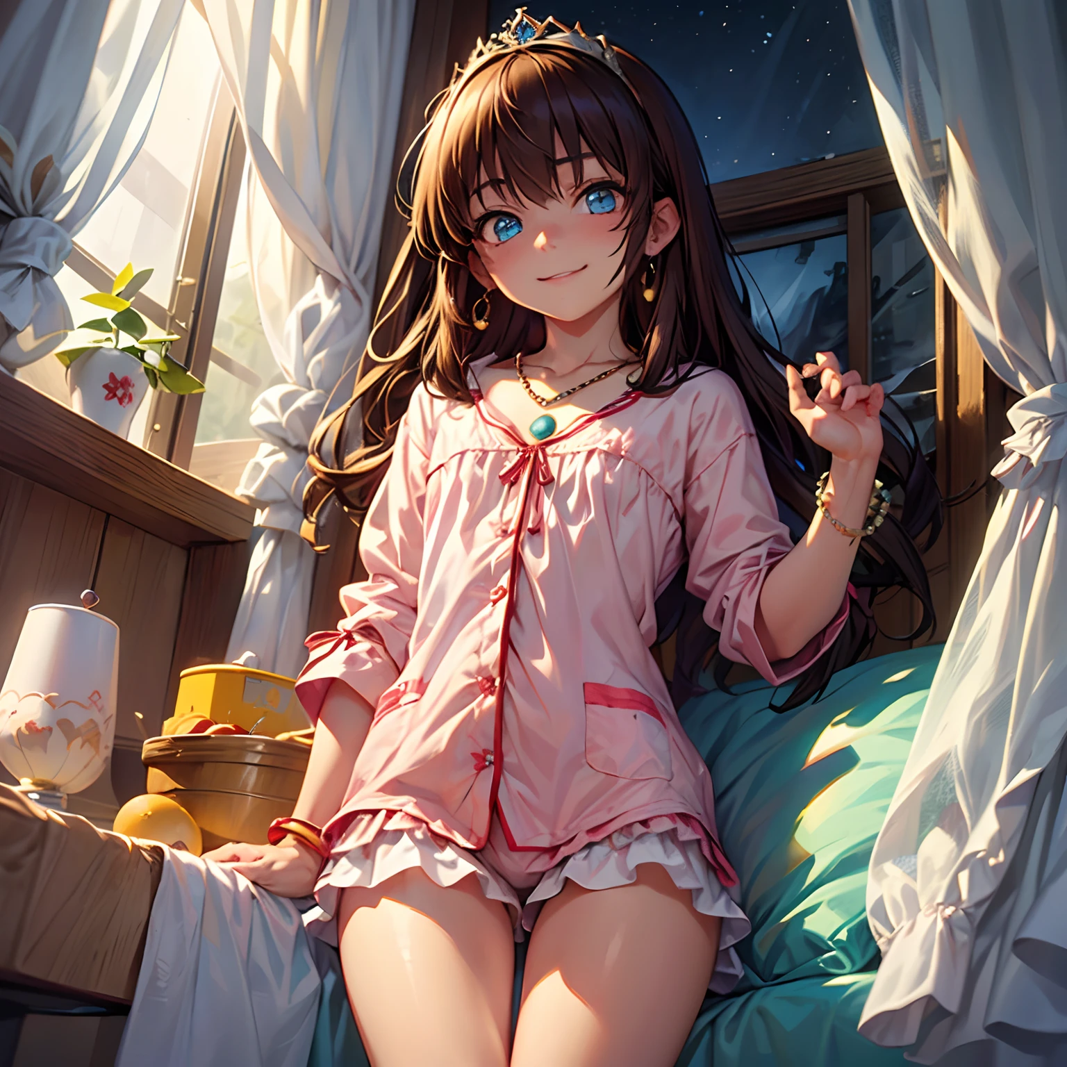 (solo), happiness, joyful, Ultra-detailed, Photorealistic, vibrant colors, snowfield, snow, (lonesome cold (winter night) background), darkness, pines, bed, curtains, falling snowflakes, innocent 1girl goddess, (cute pose), very mean, (evil smile), ((flat chest)), skinny, very thin, anorexic, ((young)), (bright pink floral pajama set), ribbon, handbag, purse, brown hair, luxurious jewelries, expensive necklaces, pearls, pendants, bracelets, earrings, ((tiara)), (blue glowing eyes), (looking down at viewer), hair ribbon, hair flower, (from below), (depth of field), cinematic lighting, close-up, masterpiece, (anatomically correct)