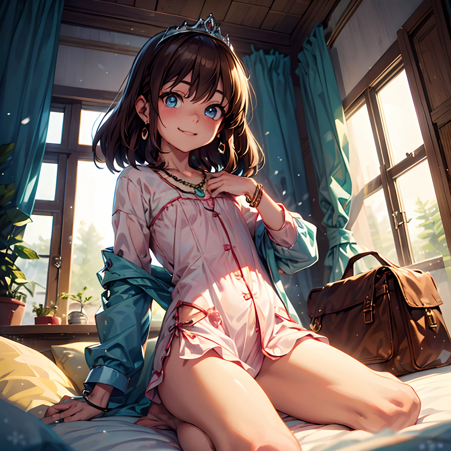 (solo), happiness, joyful, Ultra-detailed, Photorealistic, vibrant colors, snowfield, snow, (lonesome cold (winter night) background), darkness, pines, bed, curtains, falling snowflakes, innocent 1girl goddess, (cute pose), very mean, (evil smile), ((flat chest)), skinny, very thin, anorexic, ((young)), (bright pink floral pajama set), ribbon, handbag, purse, brown hair, luxurious jewelries, expensive necklaces, pearls, pendants, bracelets, earrings, ((tiara)), (blue glowing eyes), (looking down at viewer), hair ribbon, hair flower, (from below), (depth of field), cinematic lighting, close-up, masterpiece, (anatomically correct)