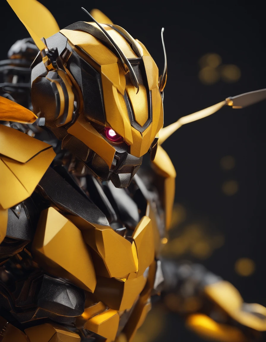 Bumblebee made of paper origomi, hammered metal atyle, cinematic light, golden particles, shallow depth of field, dark theme, black background