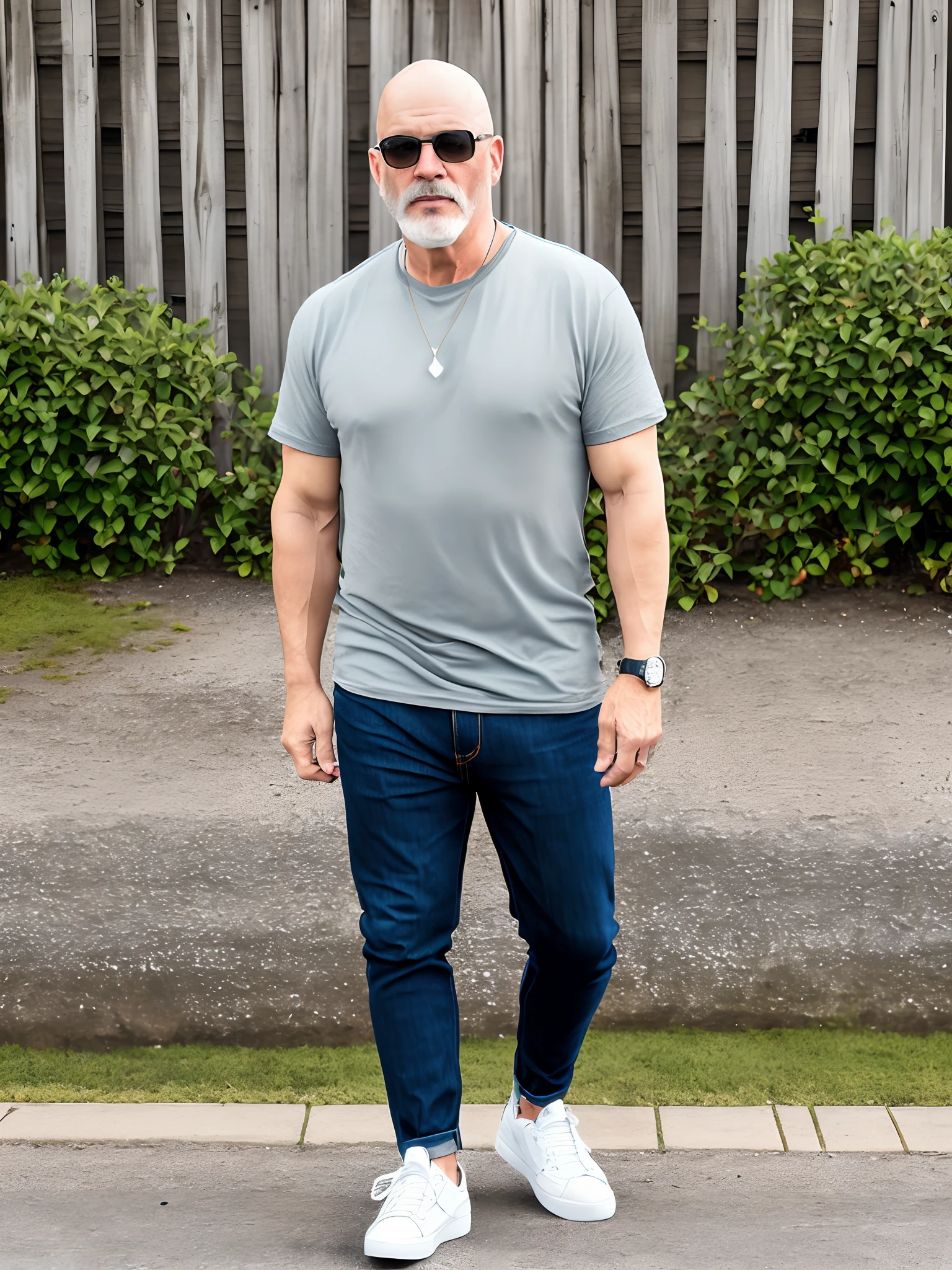 Homem branco de 46 anos, Skinny man with gray beard in green t-shirt and black jeans and white leather sneakers, segurando um american bully xl tri blue pela guia em uma savana