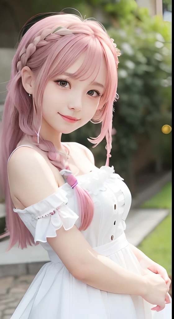 high-level image quality、anime girl with long hair and white dress posing for a picture、european castles、up close shot、(A smile:1.5)、sayori, Anime visuals of cute girls, anime moe art style, in dress, Anime girl in white dress, pretty anime girl, (Anime Girl), Cute anime girl, Cute anime waifu in a nice dress, charming anime girls, Beautiful anime girl, Rin, Smooth Anime CG Art、(Pink hair), Ear Hair, small tits, Single braid, (Single braid), (Side braid)
