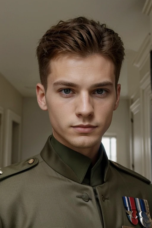 homme, 25 ans, cheveux roux peu intense, Yeux verts , Uniforme militaire BC Freedom, a ,