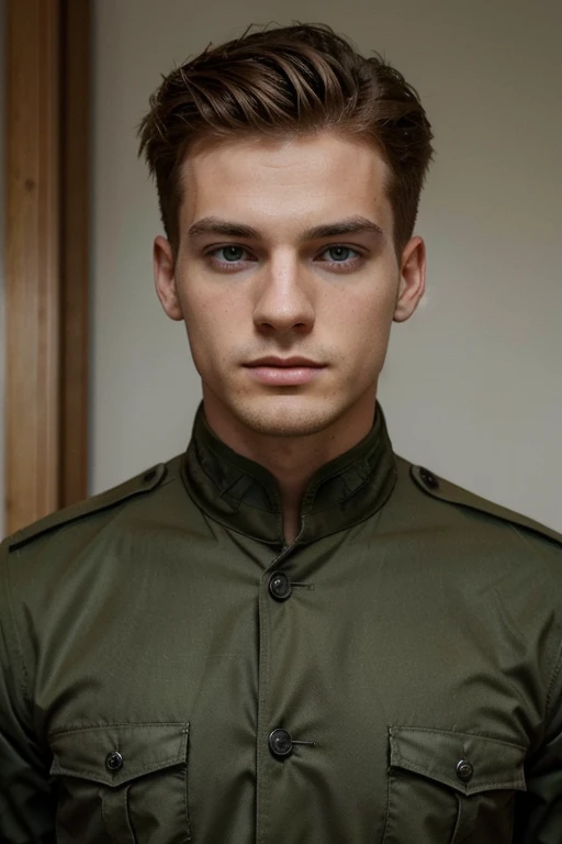 homme, 25 ans, cheveux roux peu intense, Yeux verts , Uniforme militaire BC Freedom, a ,