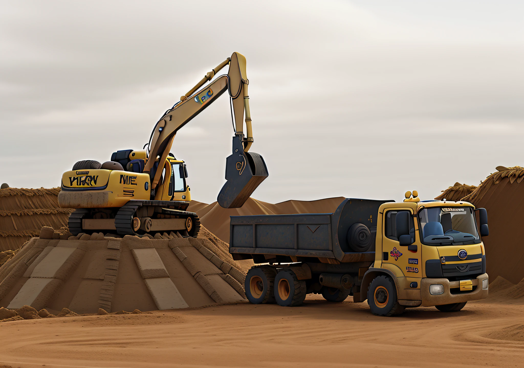 Crie um cartaz estilo Disney. A yellow backhoe on top of a mound of dirt putting dirt in the bed of a white truck. Cloudy sky with clouds. Melhor qualidade. Alta qualidade