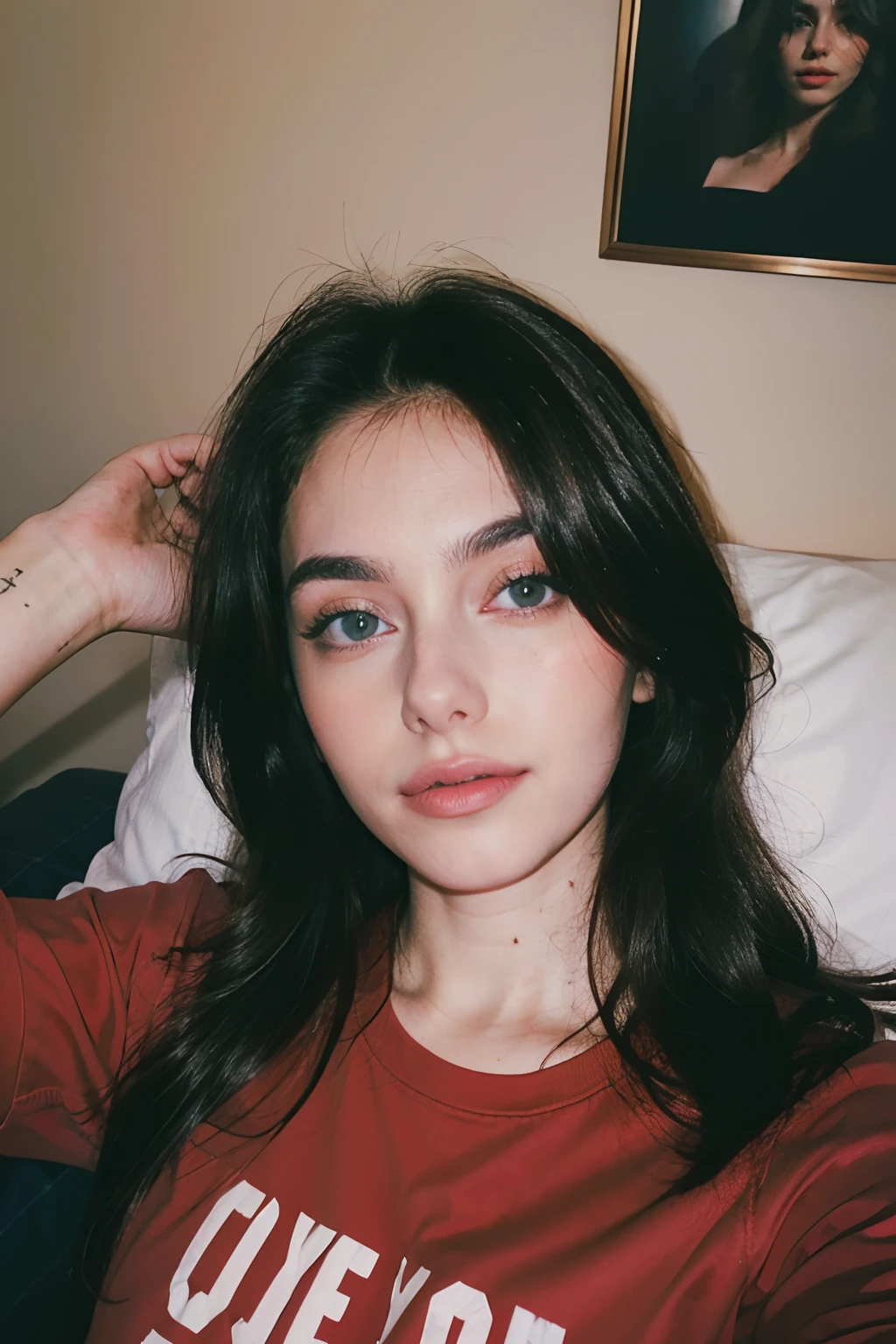 One hand selfie, night, Stunning Gaia Nobile, 18 years old, blue eyes, taking the last selfie of the day, ((lying in her bed on her back,)), really natural looklike, tired, total messy hair, skin pores, skin imperfections, really tired eyes, a small smile on her face. (((She wears a red old tshirt.))) Photo taken with a Canon Eos 35mm, deep shadows. Flash light by her phone. Hyper detailed, hyper realistic, super qualiry, super detailed, high contrast really natural shadows on her face