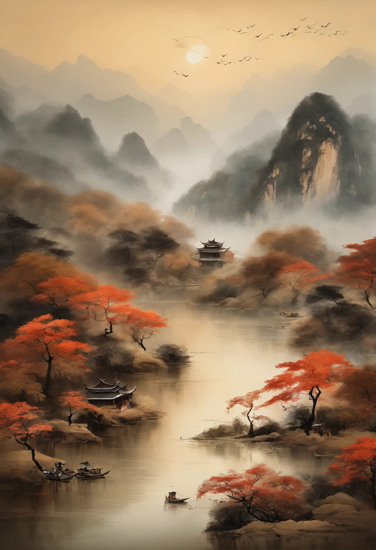 Scenery of the Yangtze River Delta region，Traditional Chinese painting、water ink、Brown tones、landscape、Ancient wind