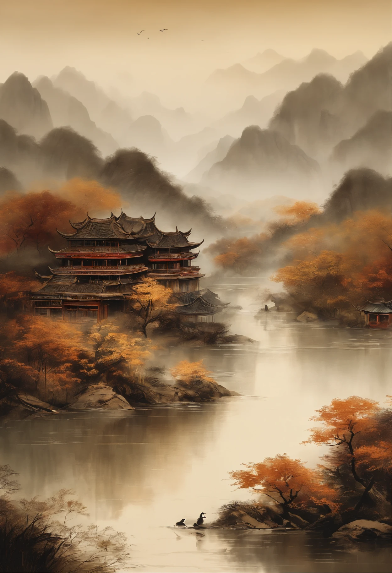 Scenery of the Yangtze River Delta region,Traditional Chinese painting、water ink、Brown tones、landscape、Ancient wind
