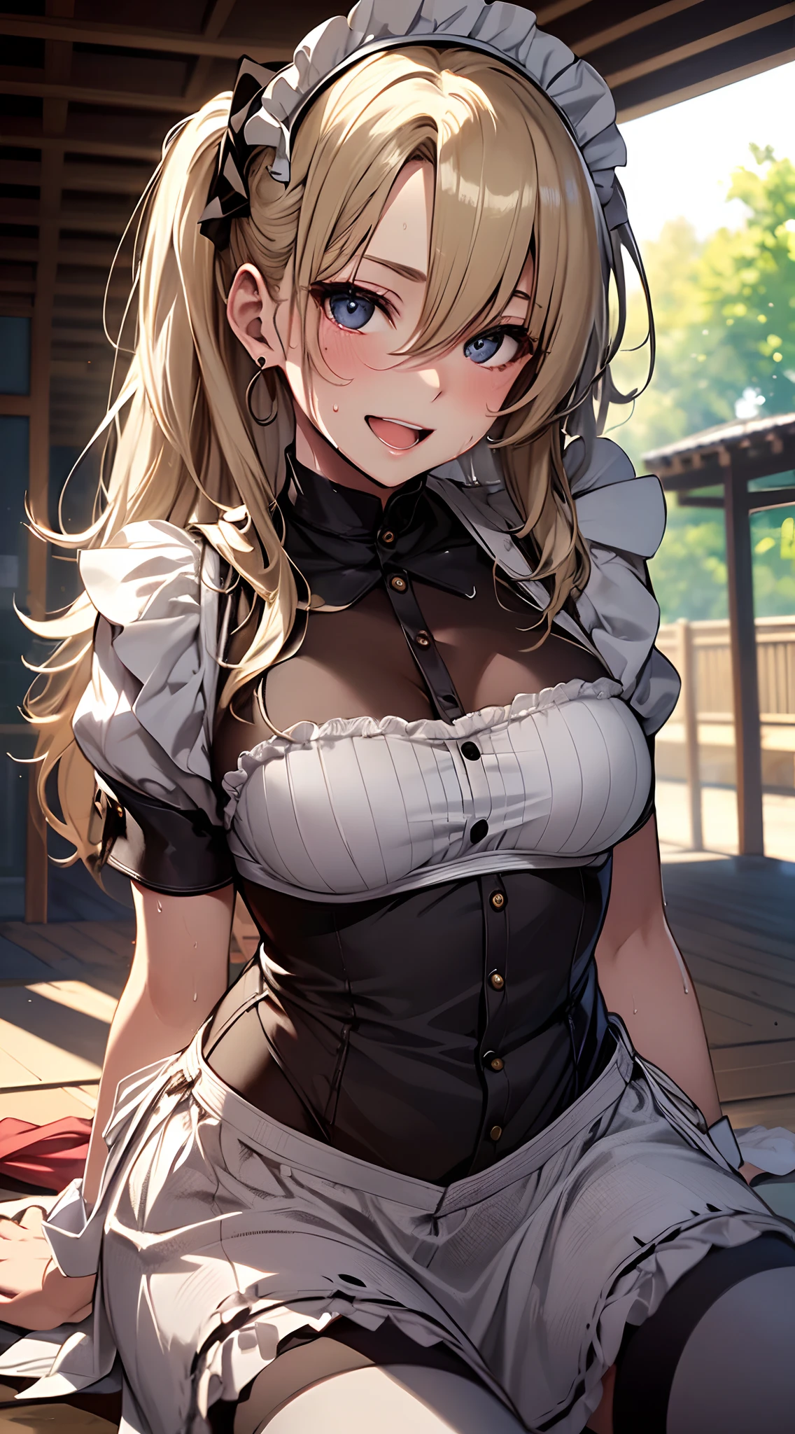 masterpiece, best quality, hasegawa kobato, solo, blonde hair, twintails, long hair, heterochromia, , (petite), cowboy shot,
 loliairband, lolita d, flat chest, (open clothes), (dress lift), nipples show off, bottomless, pussy,
 seductive smile, sitting, park,