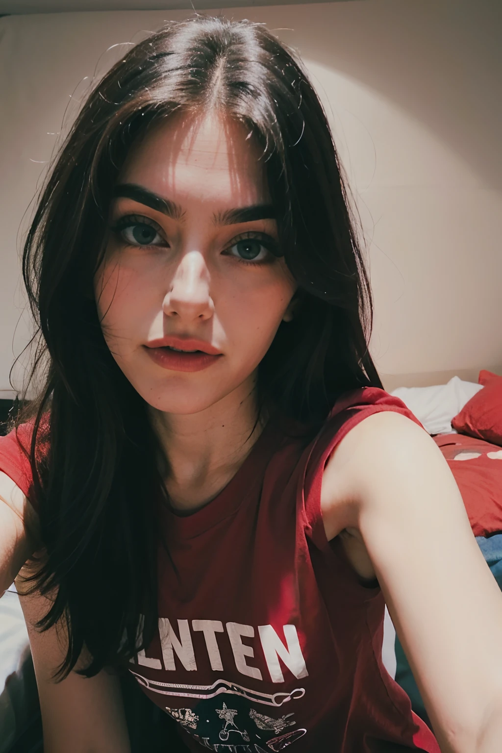 One hand selfie, night, Stunning Gaia Nobile, 18 years old, blue eyes, taking the last selfie of the day, ((lying in her bed on her back,)), really natural looklike, tired, total messy hair, skin pores, skin imperfections, really tired eyes, a small smile on her face. (((She wears a red old tshirt.))) Photo taken with a Canon Eos 35mm, deep shadows. Flash light by her phone. Hyper detailed, hyper realistic, super qualiry, super detailed, high contrast really natural shadows on her face