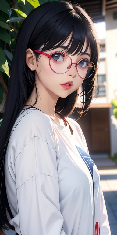realista, 1人の女の子, cabello blanco, ojos morados, ojos brillantes, con gafas, top corto, falda, labios entreabiertos, rubor, noche, flores, sol, luz solar,