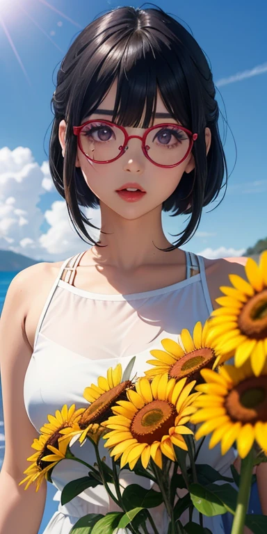 realista, 1人の女の子, cabello blanco, ojos morados, ojos brillantes, con gafas, top corto, falda, labios entreabiertos, rubor, noche, flores, sol, luz solar,