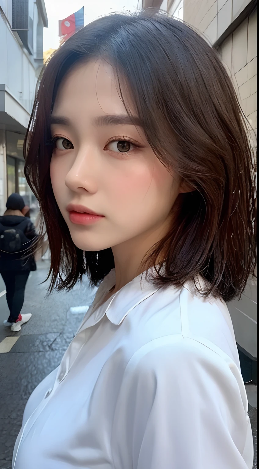 Photo realistic, High resolution, detailed background, detailed beautiful skin, detailed nose, soft lighting, (solo shot:1.23), (upper body:1.1), closed shot, looking at viewer, (((nice hand, perfect hand))), clear eyes,// japanese lady, pale skin, // (wearing T-shirt with Michael Jackson written on it ), street snap, blunt bangs hair, ((facing viewer)), at the street tokyo,