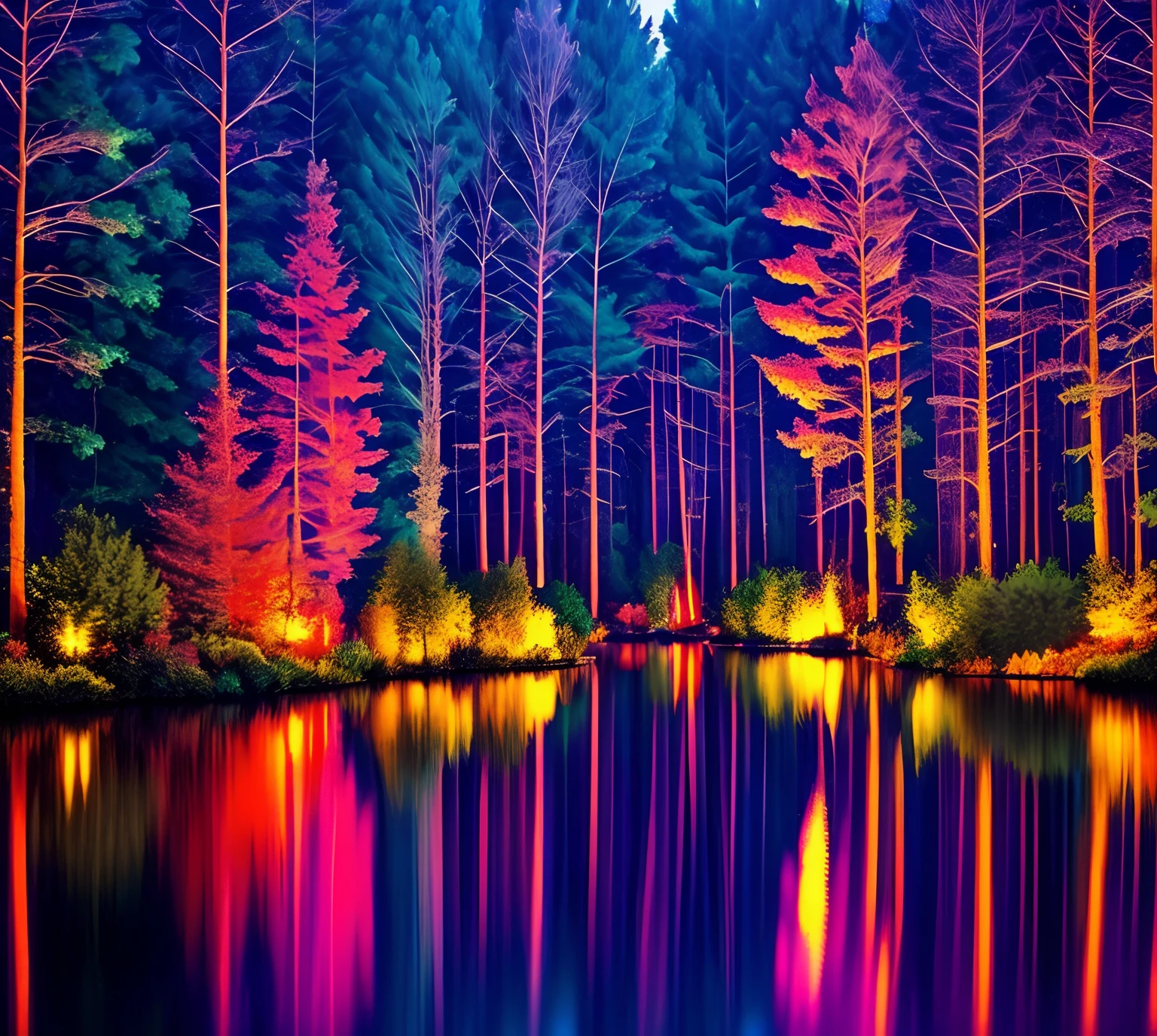 a close up of a lake with trees and lights on it, magical colours and atmosphere, colourful lighting, beatiful vivid lights, dramatic and colorful lighting, magical colors and atmosphere, blue and red lighting, beautiful lighting effects, enchanted forest, wonderland at night, enchanted and magic forest, red and blue lighting, colorful lighting, psychedelic lighting, ethereal lighting colors scheme