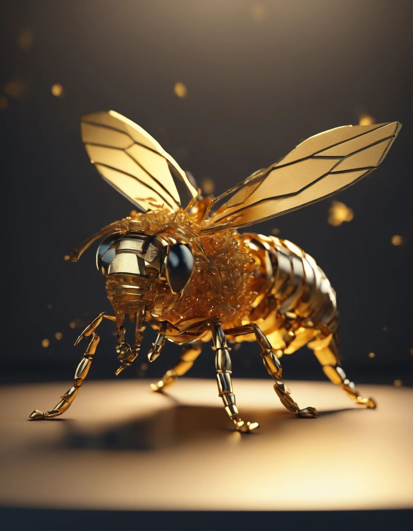 Intricate Bee made of paper origomi, hammered metal atyle, cinematic light, golden particles, shallow depth of field, dark theme, black background