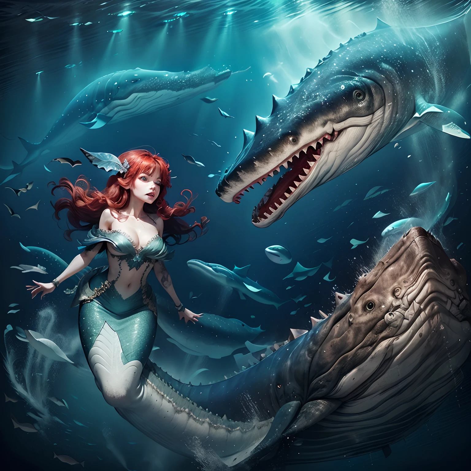 Beautiful girl with whale and crocodile fusion. Mermaid body type. Shark tail. Whale head from the back of the body. Sharp fangs on the head of a whale. Reptile scales. White and black are image colors. Hair ornaments with sharp designs. Solo Woman. glowing eyes with red vertical pupils,,,,,.