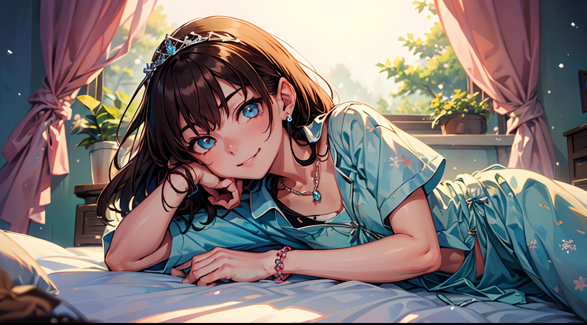 (solo), happiness, joyful, Ultra-detailed, Photorealistic, vibrant colors, snowfield, snow, (lonesome cold (winter night) background), darkness, pines, silk curtains, falling snowflakes, innocent 1girl goddess, laying in bed, (cute pose), very mean, (evil smile), ((flat chest)), skinny, very thin, anorexic, ((young)), (bright pink floral pajama set), ribbon, handbag, purse, brown hair, luxurious jewelries, expensive necklaces, pearls, pendants, bracelets, earrings, ((tiara)), (blue glowing eyes), (looking down at viewer), hair ribbon, hair flower, (from below), (depth of field), cinematic lighting, close-up, masterpiece, (anatomically correct)