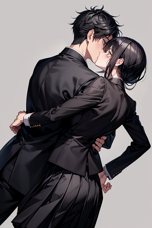 (One girl), (One boy), Black hair, A male embracing a female, (man in black gakuran and black slacks), (The female is wearing a black sailor uniform and a black pleated skirt), Cool male, Cute girl, Embrace from behind, Male hugging the female from behind, Cinematic effect, Romantic, Accurate pose, Accurate human anatomy, High quality, High resolution, Masterpiece.