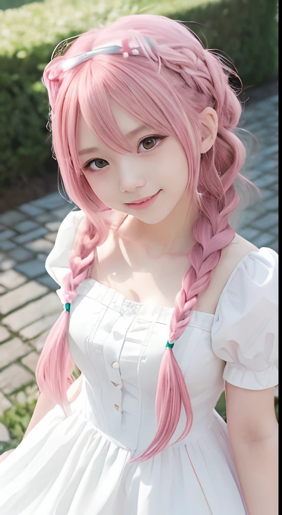 high-level image quality、anime girl with long hair and white dress posing for a picture、european castles、up close shot、(A smile:1.5)、sayori, Anime visuals of cute girls, anime moe art style, loli in dress, Anime girl in white dress, pretty anime girl, (Anime Girl), Cute anime girl, Cute anime waifu in a nice dress, charming anime girls, Beautiful anime girl, Rin, Smooth Anime CG Art、(Pink hair), Ear Hair, small tits, Single braid, (Single braid), (Side braid)