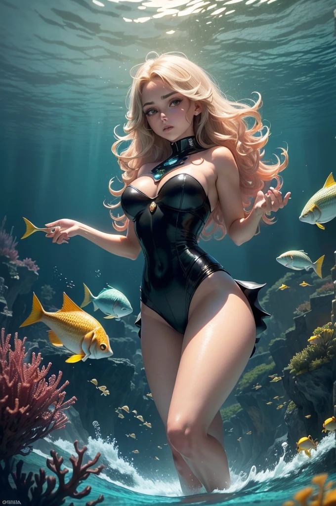 (((Sensual, fuerte, atractivo, maciza, poderoso, piel bronceada hembra, sirena,)))( cabello rojo rizado, flequillo, Cabello largo, (ojos verdes, Cara escultural de forma oblargoa,ojos vivaces, tono, Physical hourglass, largo, piernas tonificadas.) Disparo del personaje (Obra maestra), (Ultra detallado), (Detalles perfectos), (extremadamente fino y hermoso), Cara hermosa, Hermosos ojos, (Cara detallada, ojos detallados), Labio detallado, piel brillante, piel grasa, cabello brillante, sense of depth, Profundidad de campo, Dynamic Angle, paisaje, Dramatic lighting, volumetric illumination, Hora dorada, peligroso::2 (Muchos peces), Ocean scene, Submarino, ,(ciencia ,fantasy),((magica, Futuristic fantasy))