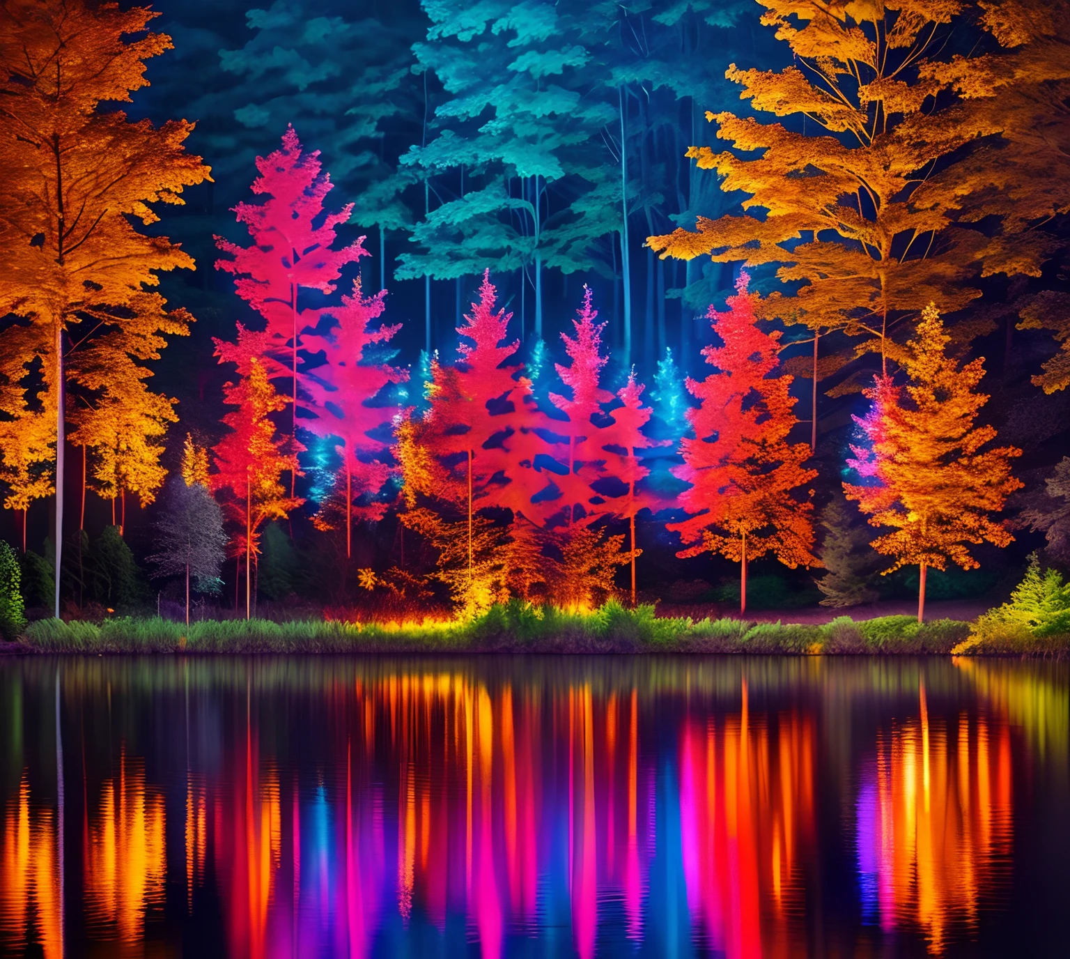 a close up of a lake with trees and lights on it, a picture by Tom Scott RSA, pexels, interactive art, magical colours and atmosphere, colourful lighting, beatiful vivid lights, dramatic and colorful lighting, magical colors and atmosphere, blue and red lighting, beautiful lighting effects, enchanted forest, wonderland at night, enchanted and magic forest, red and blue lighting