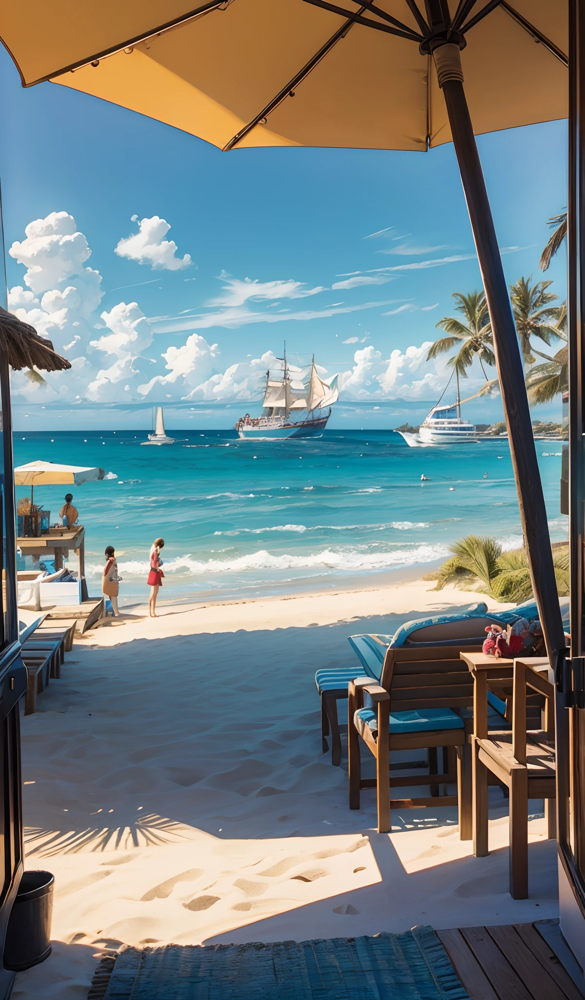 Seaside souvenir shop, scenic scenery, oil painting, bright colors, vibrant atmosphere, detailed beach scenery, warm sunlight, realistic waves, sandy coast, palm trees, tourists browsing souvenirs, umbrellas, shells, handicrafts Decorative, wooden shelves, beach-themed decorations, nautical motifs, coastal breeze, boats on the horizon, blue sky, serene atmosphere, vacation mood. (best quality, 4k, high resolution, ultra-detailed), studio lighting, vivid colors.
