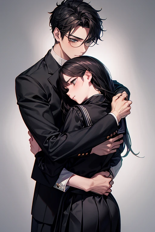 (1 girl), (1 boy), dark hair, man hugging woman, (man in black gakuran and black slacks), (woman in black sailor suit and black pleated skirt), 18 years old, cool guy, cute girl, hugging from behind, man hugging woman from behind, cinematic effect, romantic , mysterious, exact pose, exact human structure, high quality, high resolution, masterpiece.
