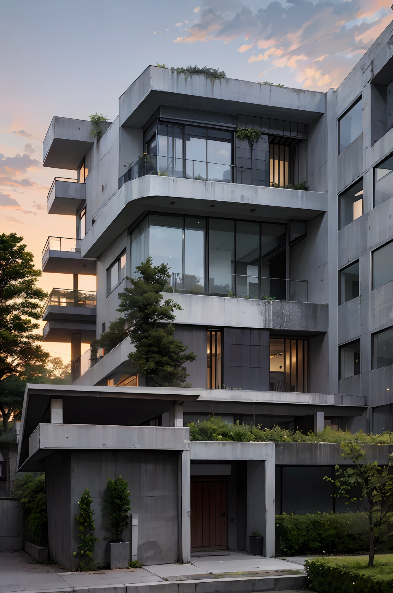 a luxurious house , brutalist architecture ,( le corbusier ), glowing lights , trees , daytime , cloudy sky , sunset