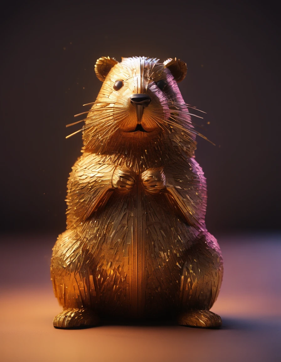 Intricate beaver made of paper origomi, hammered metal atyle, cinematic light, golden particles, shallow depth of field, dark theme, black background