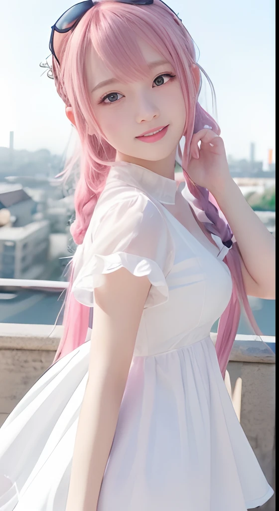 high-level image quality、anime girl with long hair and white dress posing for a picture、european castles、up close shot、(A smile:1.5)、sayori, Anime visuals of cute girls, anime moe art style, loli in dress, Anime girl in white dress, pretty anime girl, (Anime Girl), Cute anime girl, Cute anime waifu in a nice dress, charming anime girls, Beautiful anime girl, Rin, Smooth Anime CG Art、(Pink hair), Ear Hair, small tits, Single braid, (Single braid), (Side braid)