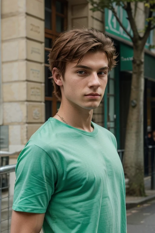 homme, 18 ans, cheveux roux peu intense, Yeux verts , t shirt court soir, Slightly muscular , rue parisienne, Spring Day,