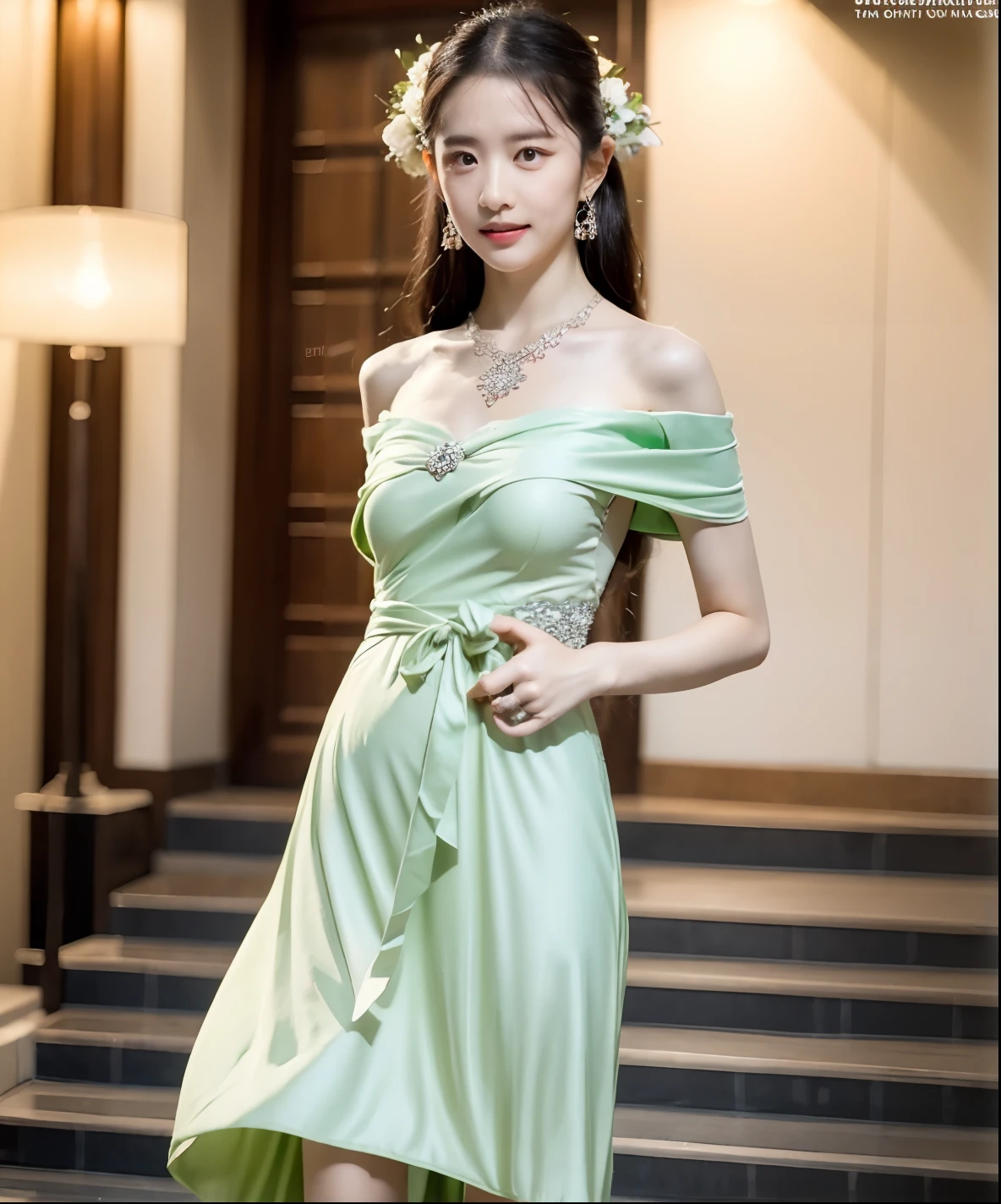 (Best Quality, 8K, 32K, masutepiece, nffsw:1),Pictures of cute Taiwanese women ,mournful smile,blush,Slender and elegant Taiwanese woman,28 years old,(Light Green Maxi Long Flared Atin Dress :1.4),off shoulders,High quality fabrics ,No wrinkles,Jewelry Earrings,Necklace,(Wedding Reception Hairstyles:1),Jewelry Hair Accessories,Silver Formal Pump,(Hold a bouquet:1.1),Detailed beautiful slim legs,(Spread legs:1.2),(Exposing lace white thin panties:1),(wind lift:1.5),(Have a silver party bag:1),Formal Pantyhose,Full body,(Standing on the steps of the hotel)