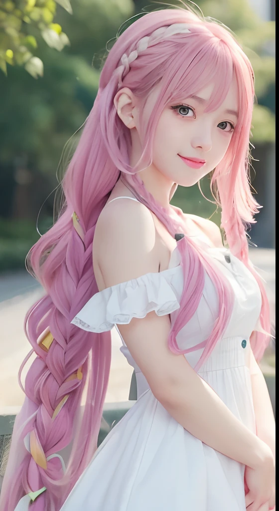 high-level image quality、anime girl with long hair and white dress posing for a picture、european castles、up close shot、(A smile:1.5)、sayori, Anime visuals of cute girls, anime moe art style, in dress, Anime girl in white dress, pretty anime girl, (Anime Girl), Cute anime girl, Cute anime waifu in a nice dress, charming anime girls, Beautiful anime girl, Rin, Smooth Anime CG Art、(Pink hair), Ear Hair, small tits, Single braid, (Single braid), (Side braid)