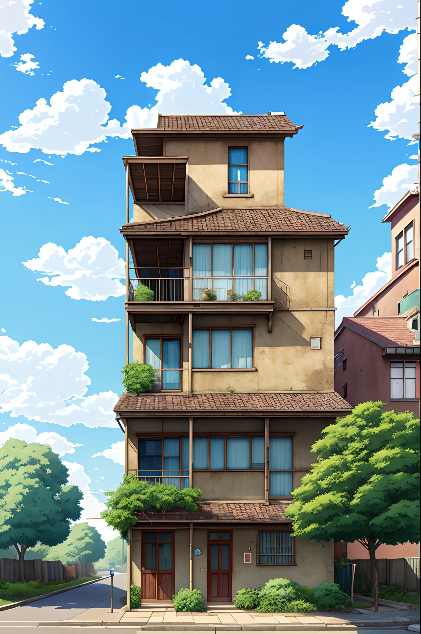 hyper realism, (anime Makoto Shinkai:0.4), old shabby house in city street, building, sky, cloud, day, scenery, tree, blue sky, sign, no humans, power lines, house, english text, railing, wide shot,