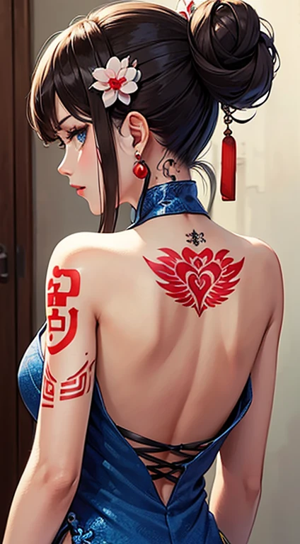 (masterpiece best quality:1.4),1girl, (tattoo of chinese text:1.5), solo, back tattoo, hair flowers, long hair, blue eyes, looking at viewer,back tattoo,tattoo,looking back, from behind, black hair, tassel, bare shoulders, hanfu, chinese clothes,back, bangs, upper body, earrings, indoors, nape, off shoulder, jewelry, eyelashes, lips, back focus, profile, hair bun, sliding doors, piercing, single hair bun,