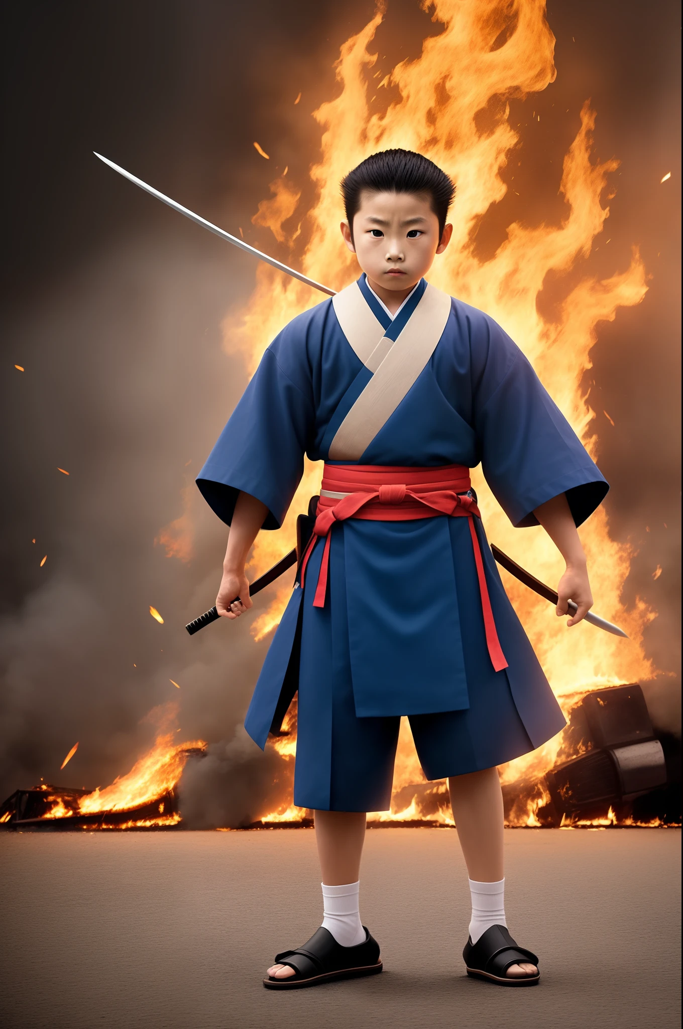 (masutepiece), (Best Quality), Photorealism, Realistic, (1 Little Samurai Boy), Solo, Fight in blue samurai armor、Inside the burning city、A spark awaits