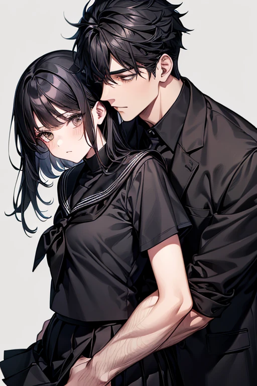 (1 girl), (1 boy), black hair, man hugging woman, (man in black gakuran and black slacks), (woman in black sailor suit and black pleated skirt), cool guy, cute girl, hug from behind, man hugging woman from behind, cinematic effect, romantic, mystical Cool, exact pose, exact human structure, high quality, high resolution, masterpiece.