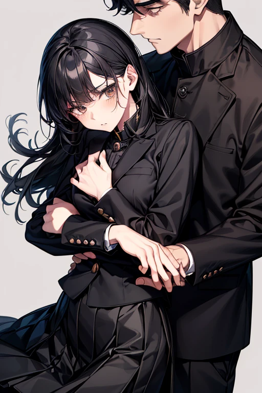 (1 girl), (1 boy), dark hair, man hugging woman, (man in black gakuran and black slacks), (woman in black sailor suit and black pleated skirt), 18 years old, cool guy, cute girl, hugging from behind, man hugging woman from behind, cinematic effect, romantic , mysterious, exact pose, exact human structure, high quality, high resolution, masterpiece.